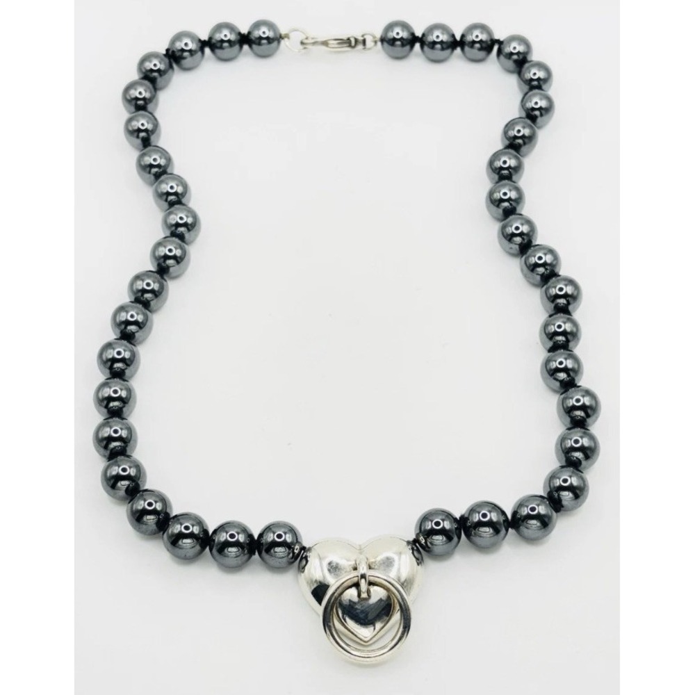 VTG 1995 Tiffany & Co Sterling Silver Hematite Ball Bead Heart Necklace Pendant